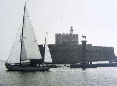 Leaving Mandraki harbor of Rhodos in the year 1963. Free illustration for personal and commercial use.