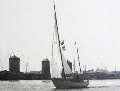 Sailing past the mills of Rhodos in 1963