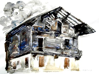 Wooden chalet on fire - watercolour 22x30cm 1974. Free illustration for personal and commercial use.