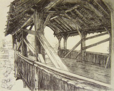 Wooden bridge at Monthey - etching 23x26cm 1985. Free illustration for personal and commercial use.