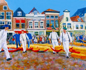 Cheese market in Alkmaar -oil paint on canvas. Free illustration for personal and commercial use.