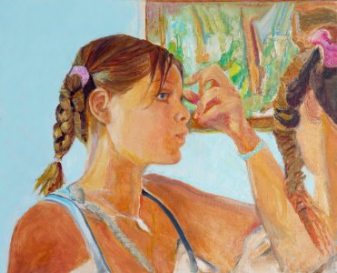 Girl in front of a mirror - oil painting on Dutch canvas 3…
