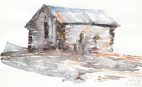 Wooden mountain shed - watercolour 21x30cm 1978. Free illustration for personal and commercial use.