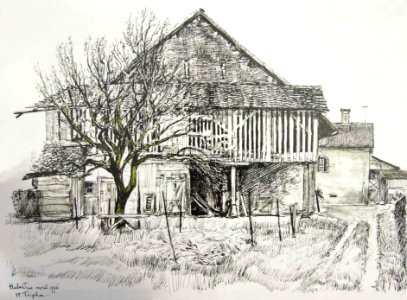 Barn and house of the neighbour - pen&ink drawing 35x45cm …. Free illustration for personal and commercial use.