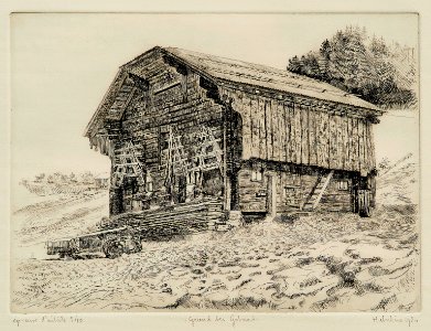 Barn at Grund bei Gstaad - etching 29x39cm 1980. Free illustration for personal and commercial use.