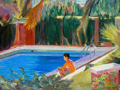 Swimming pool in Benidorm, Costa Blanca - oil painting on …