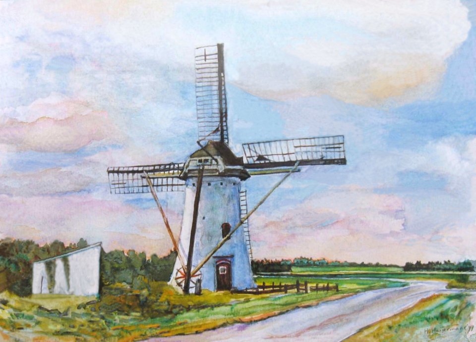 Ellemeet, corn mill - watercolour 27x33cm 1999. Free illustration for personal and commercial use.