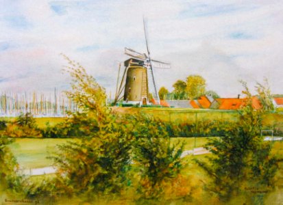 Brouwershaven, corn mill 'De Zwaan' - watercolour 38x50cm …. Free illustration for personal and commercial use.