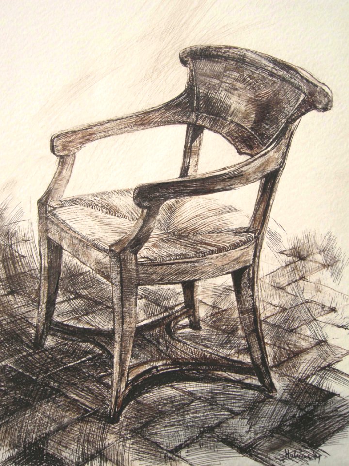 Old Tuscan chair - pen&ink drawing 40x50cm 1969