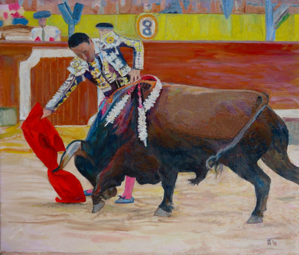 La corrida in Spain - an oil painting on Dutch canvas 52x6…
