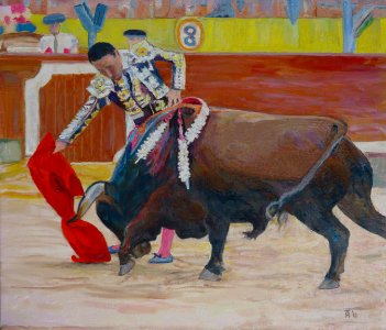 La corrida in Spain - an oil painting on Dutch canvas 52x6…