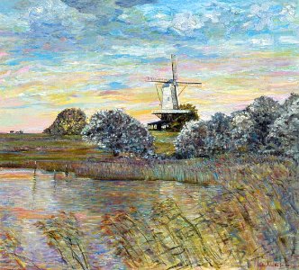 Dutch corn mill near the town of Veere - oil painting on c…. Free illustration for personal and commercial use.