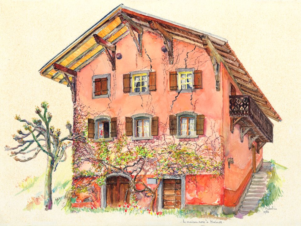 Pink house at Huémoz - watercolour 35x50cm 1982