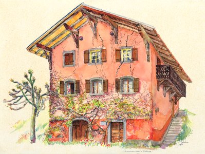 Pink house at Huémoz - watercolour 35x50cm 1982. Free illustration for personal and commercial use.