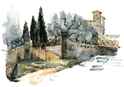 Via Grevigiana at San Casciano - watercolour 23x37cm 1976. Free illustration for personal and commercial use.