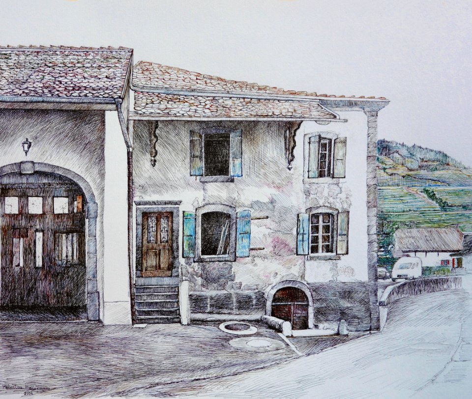 Old house in Ollon, Switzerland - pen and ink drawing 50x6…