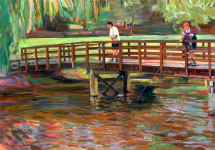 Zierikzee, 2 boys are fishing on a bridge - oil painting o…. Free illustration for personal and commercial use.