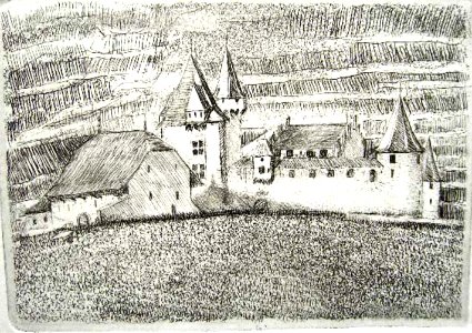 Aigle Castle - etching 10x14cm 1975. Free illustration for personal and commercial use.