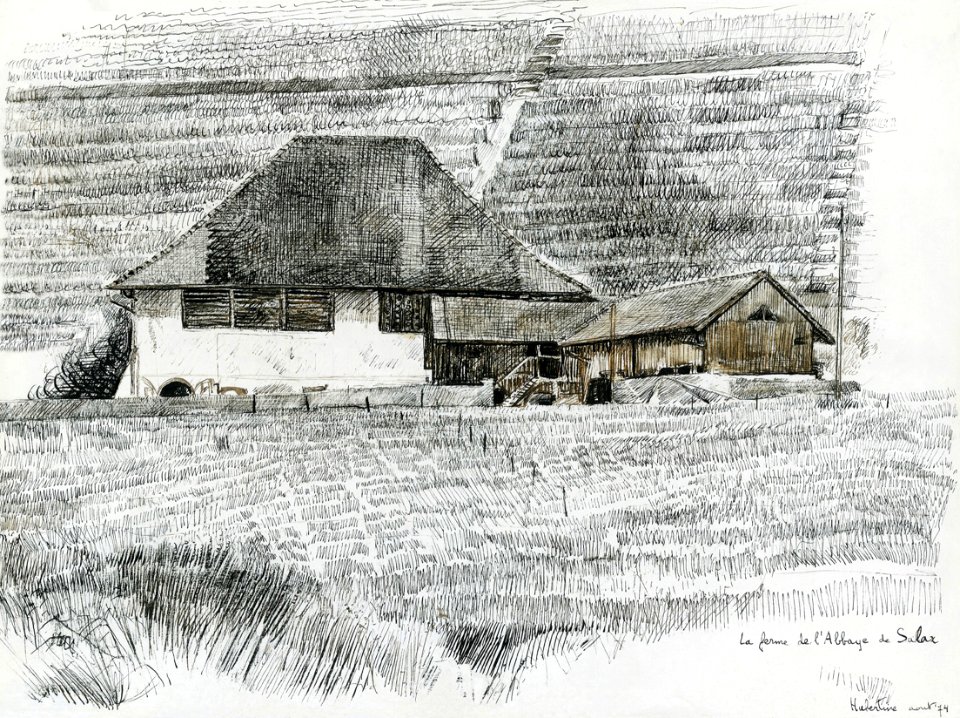 Farm of the Abbey of Salaz - drawing with pen and ink 40x5…