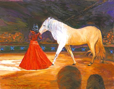 Cirque Knie 1998. Mary-José leading Vaquero. 30x39cm'98. Free illustration for personal and commercial use.