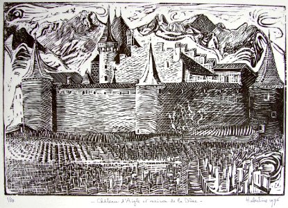 Aigle Castle - woodcut 34x44cm 1976. Free illustration for personal and commercial use.