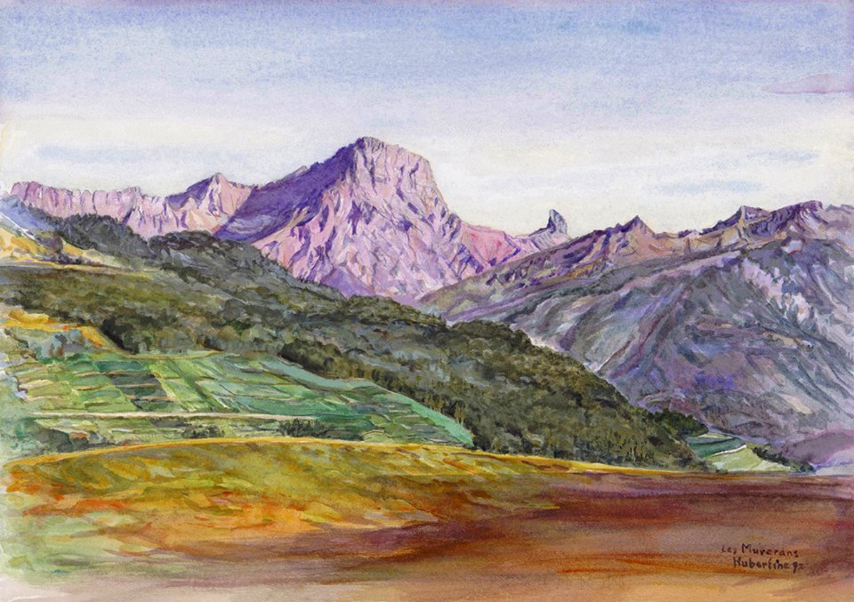'Les Muverans' mountains - watercolour 36x59cm 1992. Free illustration for personal and commercial use.