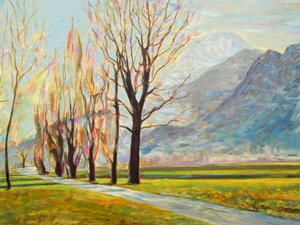 Poplar trees at Rhône river near St.Maurice - oil paintin…