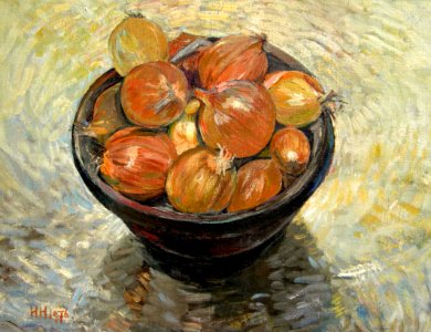 Still life with onions - oil painting on Dutch canvas 26x3…. Free illustration for personal and commercial use.