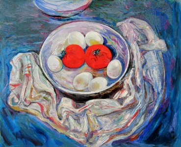 White napkin and eggs - oil painting on canvas 46x57cm 198…