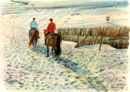 Near Renesse, two horseback riders on the beach - watercol…. Free illustration for personal and commercial use.