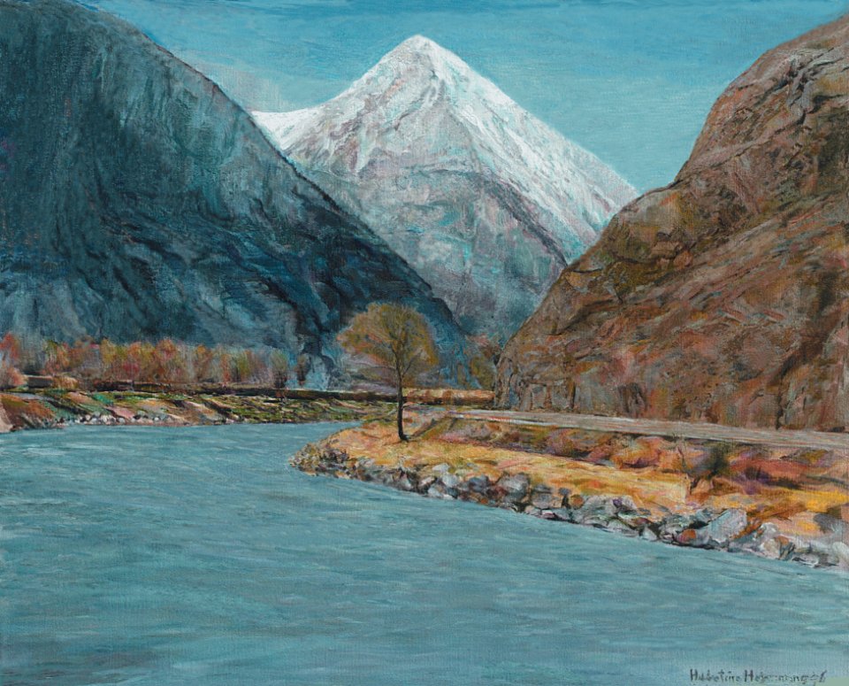 Rhône river near Martigny - oil painting on canvas 67x83c…. Free illustration for personal and commercial use.