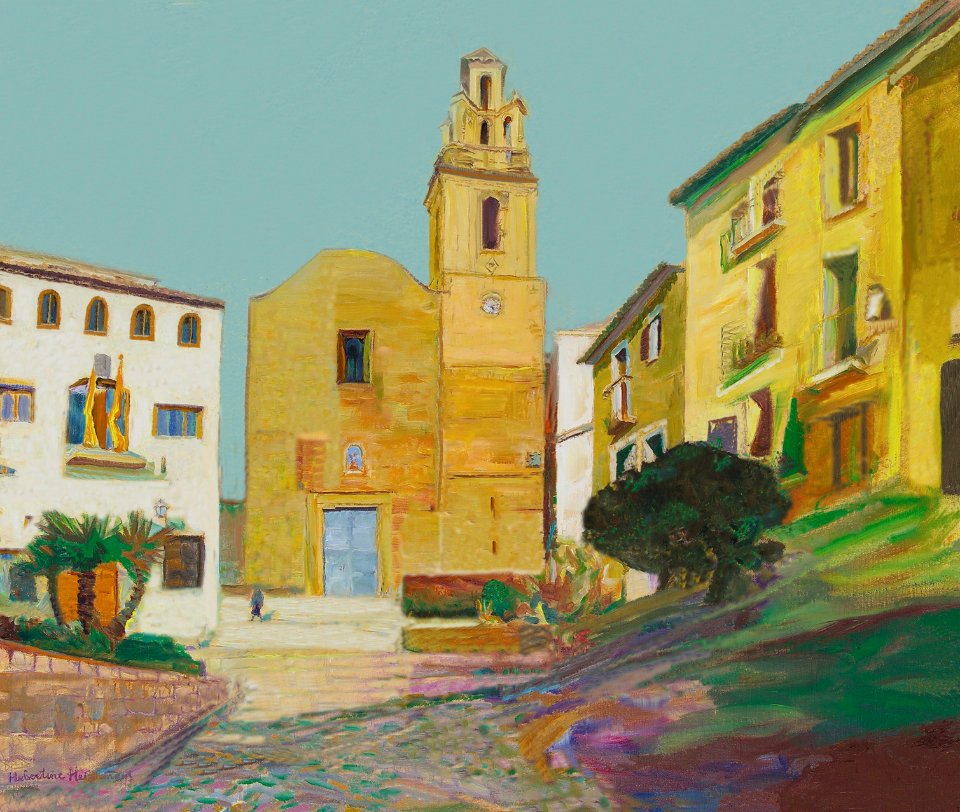 Finestrat, church and Municipality - oil painting on canva…