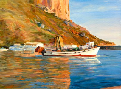 Harbour of Calpe - oil painting on canvas 73x102cm 1996. Free illustration for personal and commercial use.