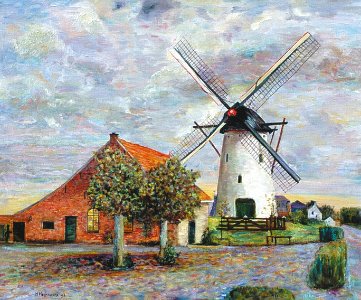 Cornmill in the south of Holland - oil painting on canvas …. Free illustration for personal and commercial use.