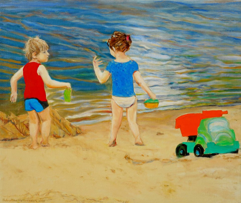 Children playing on the beach - oil painting on canvas 61x…