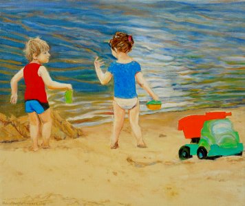 Children playing on the beach - oil painting on canvas 61x…
