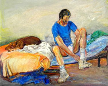 William Berner puts on his sneakers - oilpaint on canvas 2…. Free illustration for personal and commercial use.
