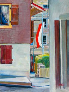Swiss banner at 'Chesières sur Ollon' - oil painting on ca…. Free illustration for personal and commercial use.