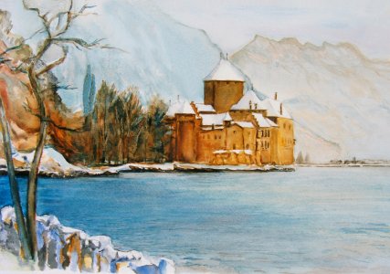 Château de Chillon - watercolour 30x40cm 1992/93. Free illustration for personal and commercial use.