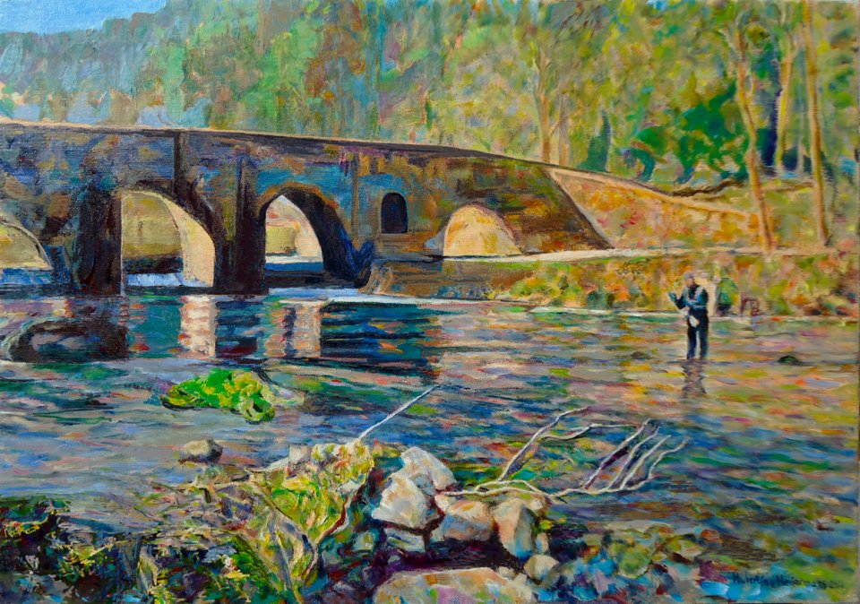 Trout fishing in France - oil painting on Flemish canvas 4…
