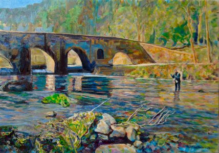 Trout fishing in France - oil painting on Flemish canvas 4…