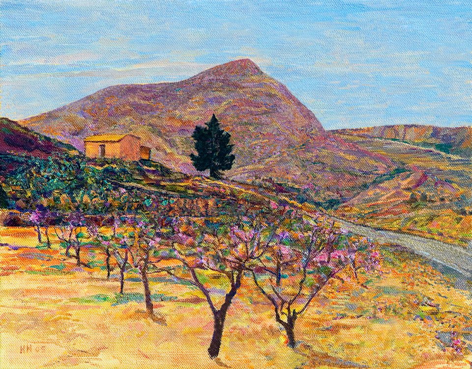 Almond trees flowering near Sella - oil painting on heavy …
