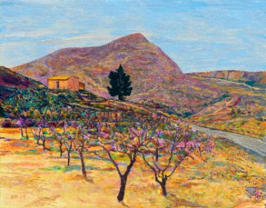 Almond trees flowering near Sella - oil painting on heavy …. Free illustration for personal and commercial use.
