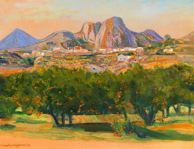 Orchard with orange trees near Polop - oil painting on can…. Free illustration for personal and commercial use.