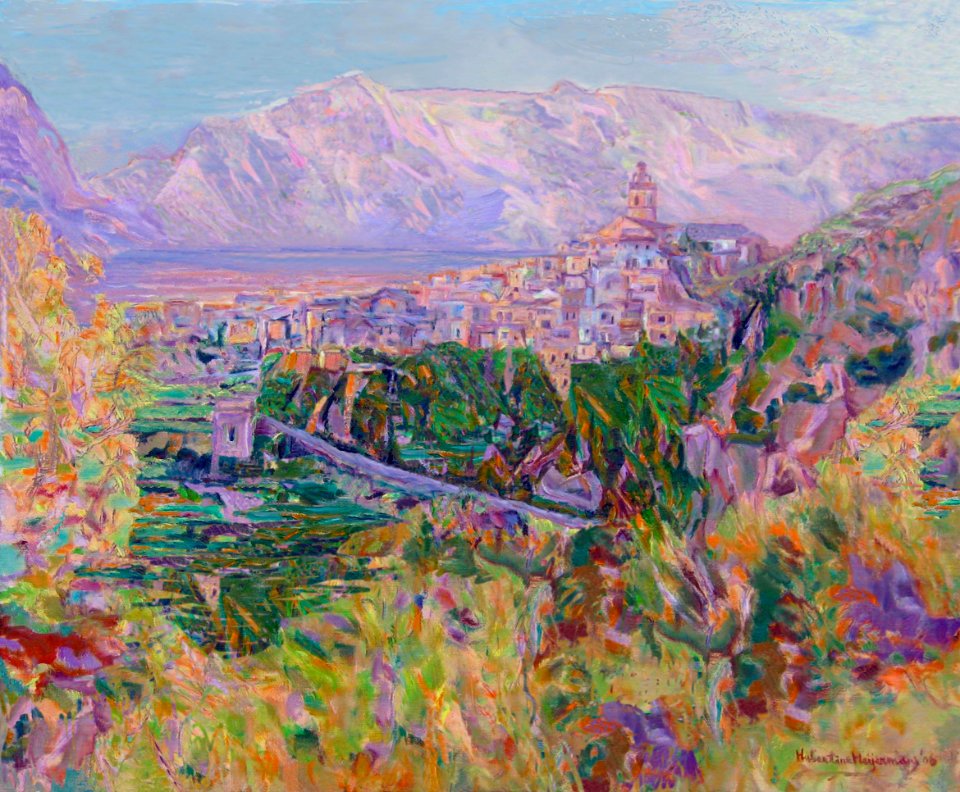 Polop near La Nucia in pink light - Spain - oil painting o…