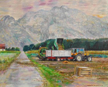 Potatoe harvest at Roche - oil painting 74x87cm 1996. Free illustration for personal and commercial use.