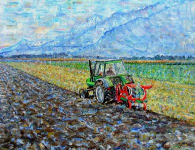 Green tractor - oil painting on canvas 53x60cm 1992. Free illustration for personal and commercial use.