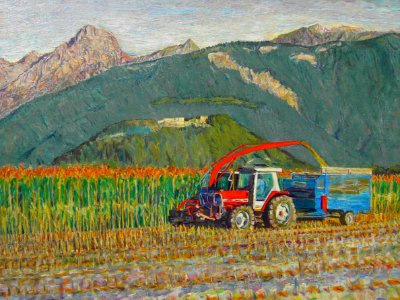 Corn harvest at Villy - oil painting on canvas 67x96cm 199…