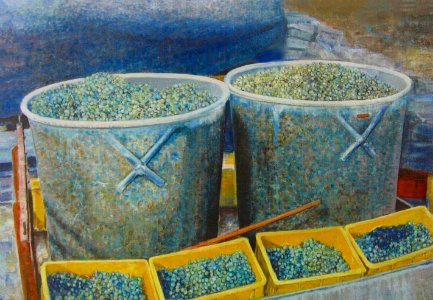 Grapes in plastic containers - oil painting on canvas 92x1…