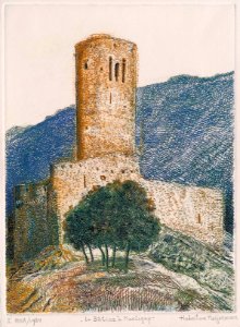 Bâtiaz tower - etching on 3 plates 31x42cm 1984. Free illustration for personal and commercial use.